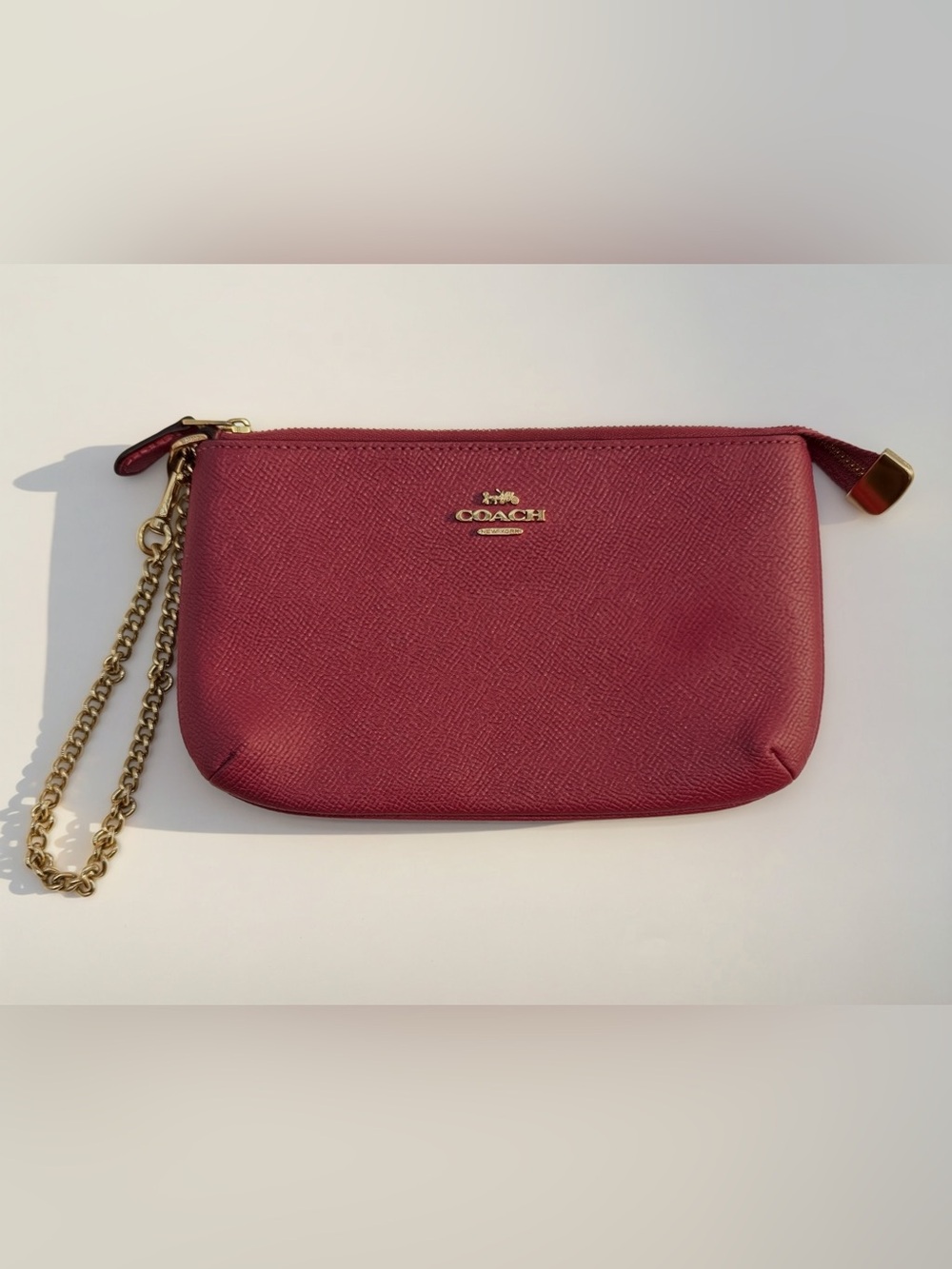 Coach Deep Berry Saffiano Leather Wristlet Gold Chain Feminine Coastal Chic - Picture 2 of 5